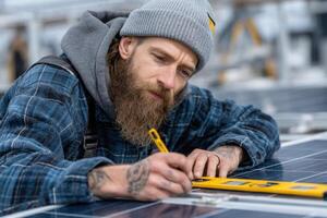 A man with a beard and tattoos measures and marks solar panels on a rooftop under a clear sky, focused on his task during daylight photo