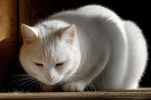 A white cat crouches low on the ground, carefully watching its environment in warm, natural light near a wooden setting photo
