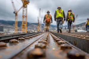 Workers in safety gear traverse a rusted metal beam at a construction site, with cranes and hills in the background under cloudy skies photo