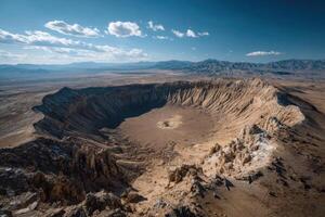 A vast crater reveals its impressive depth and rocky walls, surrounded by arid landscape under a clear blue sky with scattered clouds photo