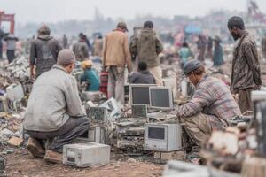 Groups of individuals are engaged in sorting and dismantling electronic devices in a large junkyard during a cloudy day photo