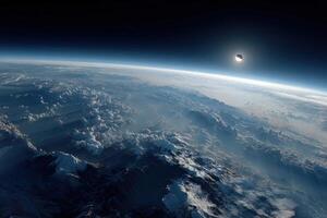Stunning perspective of Earth's surface showcasing clouds and a partial solar eclipse illuminating the horizon during twilight photo