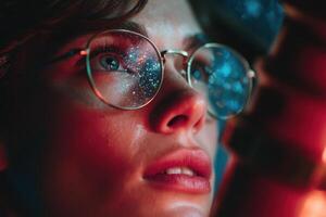 Individual looks up with wonder, wearing glasses that reflect a starry universe, surrounded by a dark environment illuminated by colorful lights photo