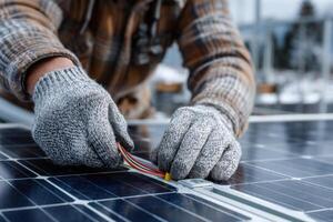 Skilled worker in gloves connects colorful wires to solar panels, actively involved in a winter renewable energy project photo