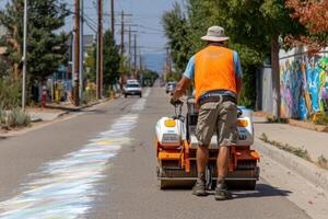 A worker guides a pavement roller down a city street, applying bright colors to the asphalt under clear blue skies photo