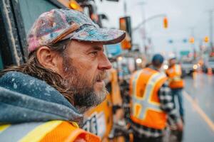 Construction workers in bright safety gear focus on road work under rainy weather in a bustling city environment, showcasing teamwork and dedication photo