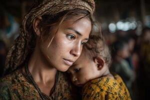 Mother gazes thoughtfully while embracing her infant, surrounded by other displaced families in a shelter photo