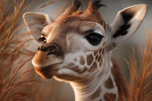 A young giraffe observes its surroundings, blending into the tall grass as the sun sets, creating a peaceful atmosphere in the savanna photo
