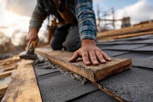 A worker carefully places roofing shingles on wooden beams while sunlight casts a warm glow in the background during early evening photo