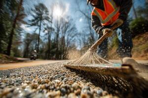 Workers are actively sweeping gravel off the road in a wooded location during bright sunlight, ensuring safety for drivers photo