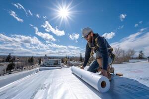 A skilled worker rolls out roofing material across a flat rooftop on a clear sunny day, demonstrating construction expertise photo