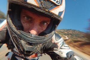 A motorcycle rider speeds along a dirt road, surrounded by mountains and clear blue skies, showcasing excitement and focus photo