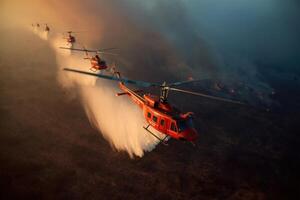 Multiple helicopters drop water on an active wildfire, creating a dramatic view against the backdrop of smoke and flames at dusk photo