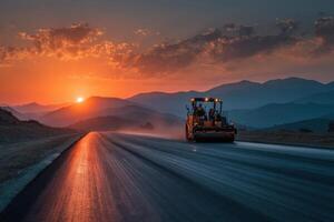 Heavy machinery paves a new road as the sun sets behind the mountains, casting vibrant colors across the sky and landscape photo