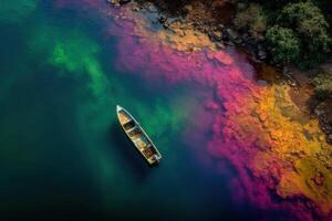 A solitary boat floats on a river showcasing brilliant hues of green, pink, and orange, reflecting the richness of nature's palette at dawn photo