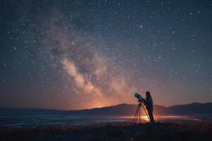 Under a starry sky, an individual is using a telescope to admire the beauty of the Milky Way in a tranquil setting photo