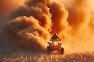 A rider on an all-terrain vehicle speeds through sandy dunes, creating a dramatic dust cloud against a vibrant sunset backdrop photo