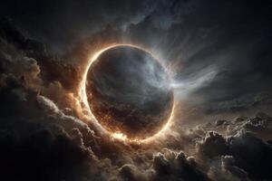 A breathtaking solar eclipse showcases its beauty surrounded by swirling clouds, creating a dramatic celestial display during twilight photo