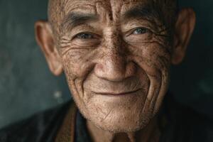 Portrait of an elderly man with expressive wrinkles and a warm smile conveys a sense of wisdom and life experience against a muted background photo