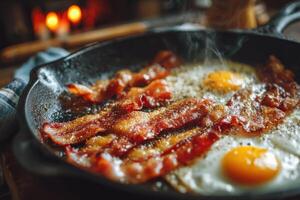 Crispy bacon strips and sunny-side-up eggs cook together in a cast iron skillet, filling the air with delicious aromas at breakfast photo