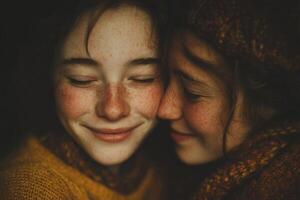 Two girls with freckles embrace closely, radiating warmth and happiness while wearing comfortable, colorful sweaters in gentle lighting photo