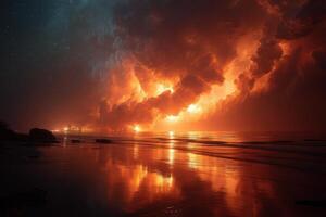 Bright orange and red clouds cast reflections on calm waters as a striking sunset unfolds over the beach photo
