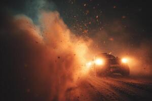 A powerful race car accelerates quickly, kicking up clouds of dust under the glow of bright headlights during a nighttime rally photo