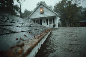 Heavy rainfall causes significant flooding, submerging the front yard and approaching the house in a quiet rural neighborhood photo