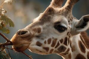 Giraffe is nibbling on leaves while basking in the warm glow of the afternoon sun in its natural habitat photo