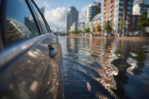 City streets are flooded with water, reflecting modern buildings under a bright sky in a vibrant urban environment photo