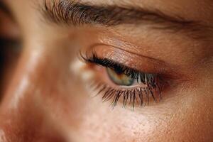 A close-up captures the intricate details of a person's eye, showcasing its vibrant colors and delicate eyelashes in soft lighting photo