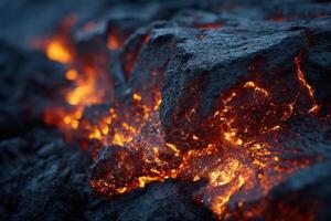 Hot lava flows brightly under the night sky, showcasing volcanic activity and glowing orange patterns on dark rocky surfaces photo