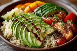 A vibrant quinoa bowl topped with avocado slices, colorful grilled vegetables, and fresh herbs showcases a healthy meal on a wooden table photo