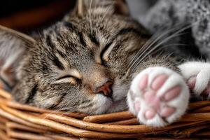 A tabby cat naps soundly in a woven basket, its paws tucked in, surrounded by a soft blanket, creating a serene atmosphere photo