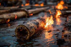 Flames consume logs in a timber yard, casting an orange glow against the sunset while smoke rises into the warm evening air photo