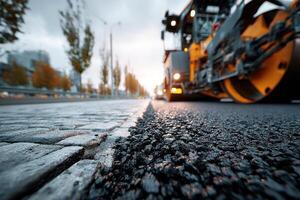 Heavy machinery is pouring asphalt on a road, creating a smooth surface amidst gray skies and city buildings photo