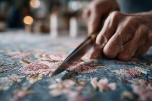 An artisan uses a sharp knife to cut delicate floral designs on a beautiful piece of fabric in a cozy workshop filled with natural light photo