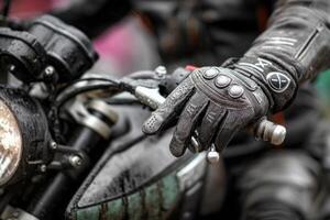 A gloved hand firmly holds the motorcycle handlebar, showcasing the rider's preparation for a ride in wet conditions photo