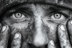 A close-up view of an individual with striking blue eyes, face smudged with dirt, expressing the physical demands of manual labor photo