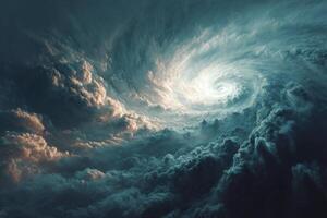 Dark swirling clouds dominate the sky, with hints of light breaking through, creating a dramatic atmosphere during twilight photo