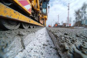Heavy machinery is actively pouring concrete on a construction site, creating a new roadway under cloudy skies with workers in the background photo