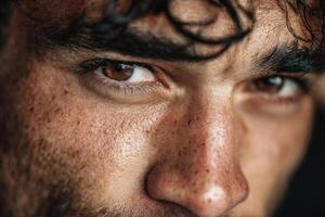 A man with curly hair stares intently, his expressive eyes revealing a blend of emotions, illuminated by soft natural light photo