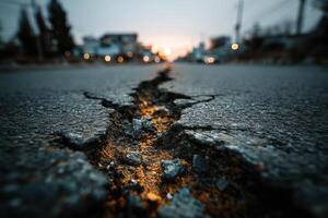 Deep fissure in the asphalt reveals underlying materials, with city lights glittering in the background as dusk approaches photo