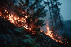 Flames engulf foliage in a wooded area as a forest fire rages, with smoke filling the air during early evening twilight photo