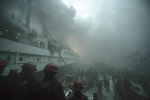 Rescue workers navigate thick smoke and fire at a harbor, urgently battling flames threatening a large ship, creating a scene of chaos and bravery photo