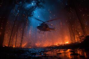 A helicopter works to combat raging wildfires in a forest at night, illuminating the dark surroundings with bright flames and smoke photo