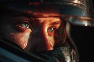 Intense gaze of a race car driver behind a helmet, captured during twilight, showcasing determination and readiness for the race photo