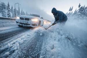 A man shovels snow off a road during winter while cars navigate through the snowy landscape, showcasing harsh weather conditions photo
