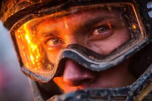A motocross rider displays determination and focus while wearing goggles, capturing a stunning sunset backdrop in the mountains photo