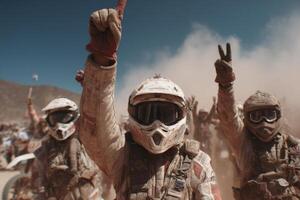 Off-road racers rejoice in a dusty desert during a competitive event, showcasing excitement and camaraderie photo